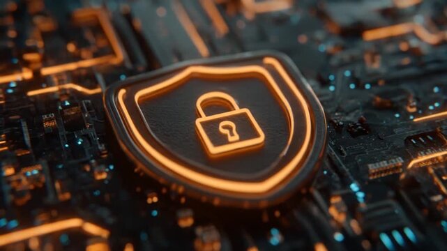 Digital security shield with glowing padlock on circuit board background