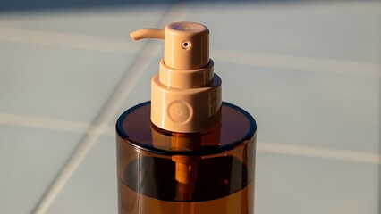 closeup of amber plastic cosmetic pump bottle on tile surface