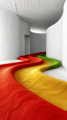 Colorful abstract pathway curves through a modern interior space with smooth walls and textured flooring