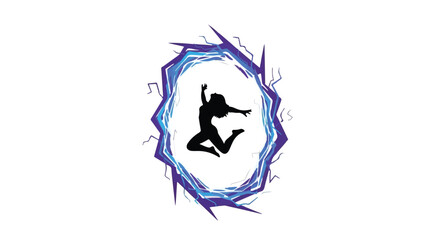 Fototapeta premium Joyful silhouette of a person leaping through a vibrant, energetic portal.