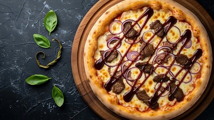 Delicious beef and onion pizza on wooden plate with basil leaves on black surface