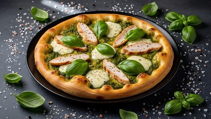 Delicious chicken pesto pizza with mozzarella cheese and fresh basil leaves on a plate