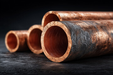 Close-up of rustic copper pipes with oxidized patina on dark background