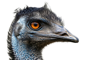 Detailed close-up portrait of an emu's head and neck, showcasing its vibrant orange eye and textured feathers, isolated on transparent background