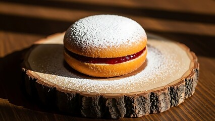 Delicious pastry dessert with powdered sugar on wooden plate