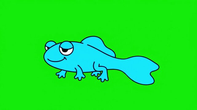 A simplified blue cartoon fish with small legs and a tail calmly resting on a solid green screen background.