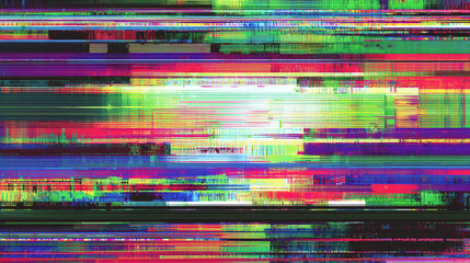 Digital glitch art with vibrant stripes, illustrating technological malfunction and data corruption
