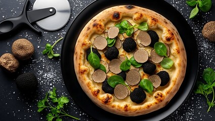 Delicious truffle pizza on black plate with cheese and herbs on top ready to eat
