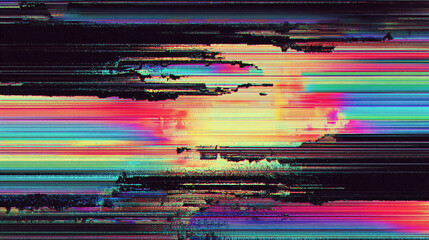 A colorful abstract artwork with a glitch effect, showcasing vibrant horizontal lines and a digital distortion aesthetic