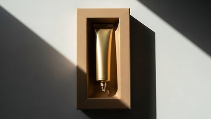 Golden cosmetic tube in a beige box on a white surface