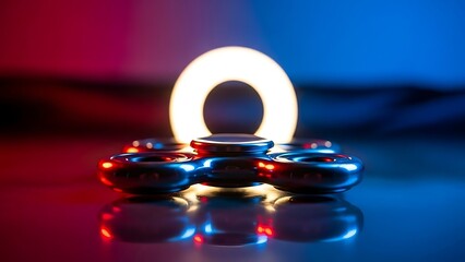 Glowing fidget spinner with colorful lights on reflective surface