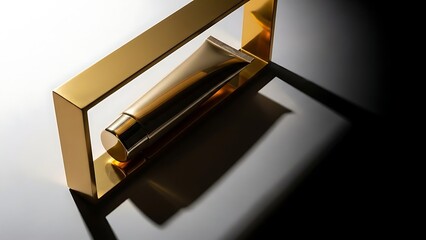 Golden metal tube holder with shiny cosmetic tube on reflective surface