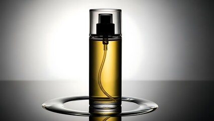 Golden liquid in a clear spray bottle on a reflective surface