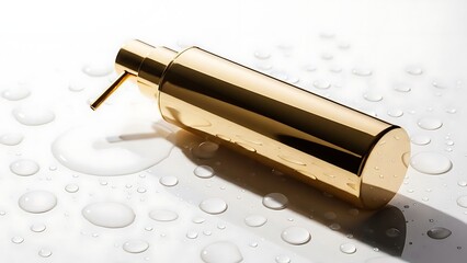 Golden perfume bottle lying on white surface with water droplets