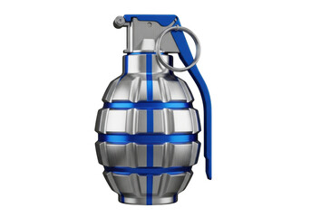 Silver grenade with blue accents and pin isolated on transparent background
