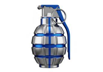 Silver grenade with blue accents and pin isolated on transparent background