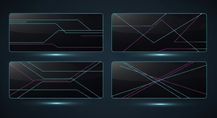 Futuristic neon lines in abstract geometric patterns with blue and red glowing effects on dark background for tech design