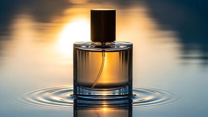 perfume bottle on water with golden light reflection