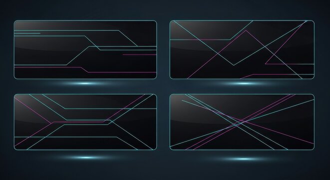 Futuristic neon lines in abstract geometric patterns with blue and red glowing effects on dark background for tech design - Powered by Adobe