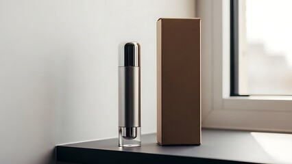 Silver perfume atomizer and brown cardboard box on black table by window