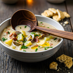 Bowl of creamy new england clam chowder with croutons and spoon