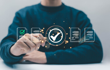Person approving digital documents with checkmark icons on virtual interface. Concept of document verification, quality assurance, compliance approval, workflow control, business validation, process