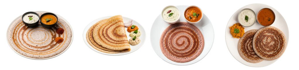 Four plates displaying south indian dosa dishes with various accompaniments on a plain surface on transparent background
