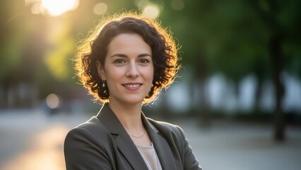 Smiling businesswoman with short curly hair wearing a gray blazer standing outdoors in a park with trees and sunlight in the background with professional and career