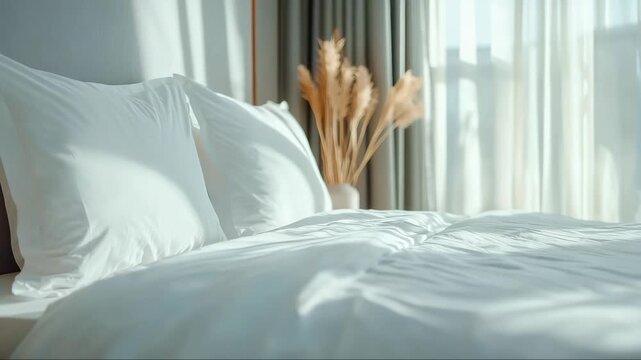 Calm bedroom lifestyle interior in american suburban upper middle class home with white bedding, sheer curtains and soft natural light