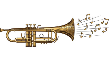 Fototapeta premium Golden trumpet with musical notes floating in the air