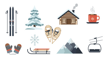 Fototapeta premium Winter outdoor activity icons including skis snowflakes and cabin
