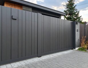 Fototapeta premium Modern grey fence and gate on a paved driveway with a cloudy sky