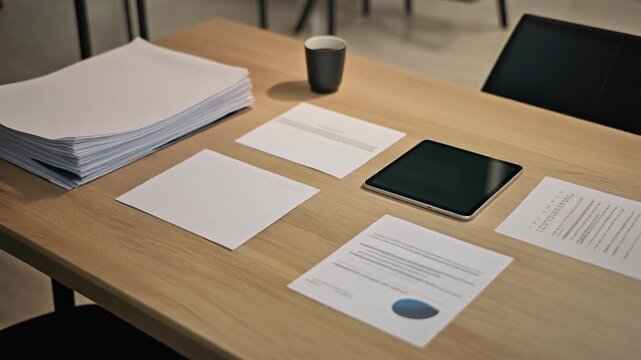 Professional Office Table with Business Documents Tablet and Coffee Cup for Meeting Preparation.