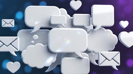 A vibrant 3D rendering showcasing a dynamic cluster of white speech bubbles thought clouds email envelopes and heart icons symbolizing modern digital communication social media interaction and online. - Powered by Adobe