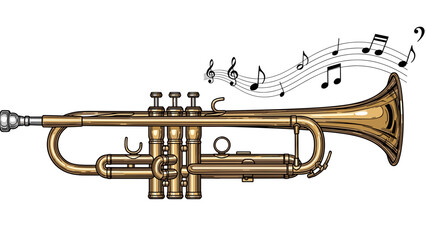 Obraz premium Vintage trumpet musical instrument with sheet music notes illustration