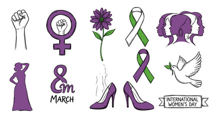 Collection of purple ribbons symbols flowers and accessories