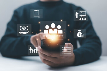 Person using smartphone with employee benefits interface, HR management system, compensation planning, payroll services, insurance policy, workforce administration, digital human resources technology