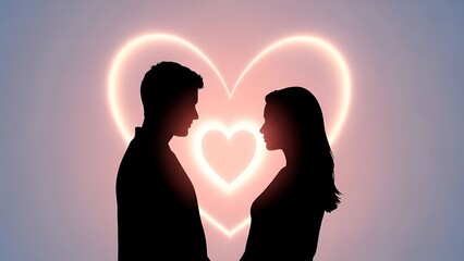 Silhouettes of a loving couple in front of glowing hearts