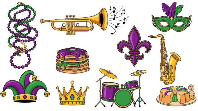 Colorful mardi gras celebration with masks, beads, crown, and instruments
