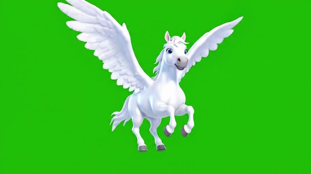 A majestic and pure white cartoon pegasus with outstretched wings appears to be soaring gracefully on a green screen background.