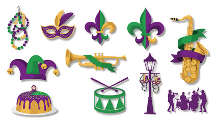 Set of colorful mardi gras symbols and decorations