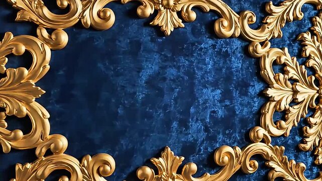 Luxury Golden Baroque Frame with Blue Textured Background Space
