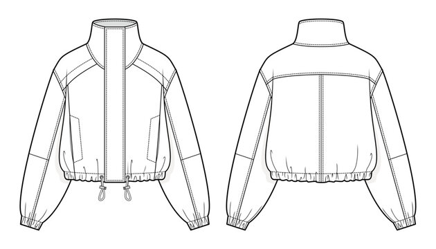 Waterproof Jogging Anorak Jacket Technical Fashion Illustration. Lightweight Rain Jacket with Funnel Neck, Hidden Zipper Under Oversized Placket, Drawstring Hem. Front and Back Views. CAD Mockup Set.