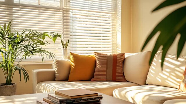 Cozy living room interior in american suburban upper middle class home with fabric sofa, pillows and warm natural sunlight