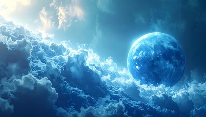 Glowing blue celestial body in a sea of luminous, swirling clouds