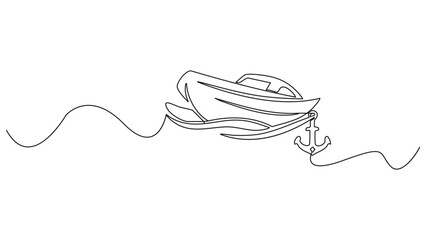 Abstract single stroke line modern illustration speedboat cruising on waves with anchor