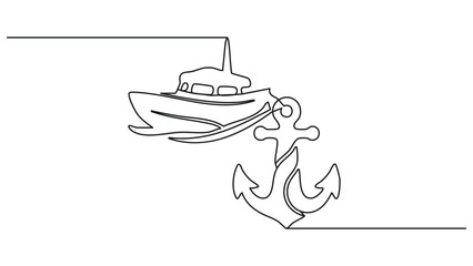 Minimal continuous one stroke drawing illustration luxury yacht with hanging anchor