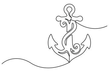 Minimal continuous one stroke drawing illustration ornate nautical anchor with decorative lines