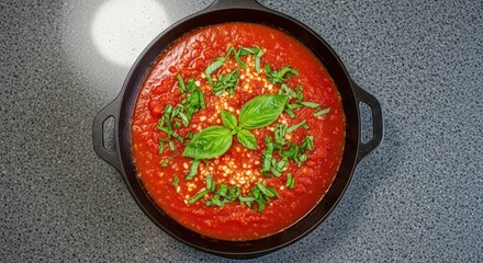 Freshly made marinara sauce, infused with aromatic basil and savory garlic in a cast iron skillet