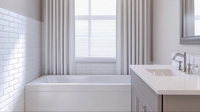 Clean bathroom interior in american suburban upper middle class home with white bathtub, subway tile walls and neutral modern design